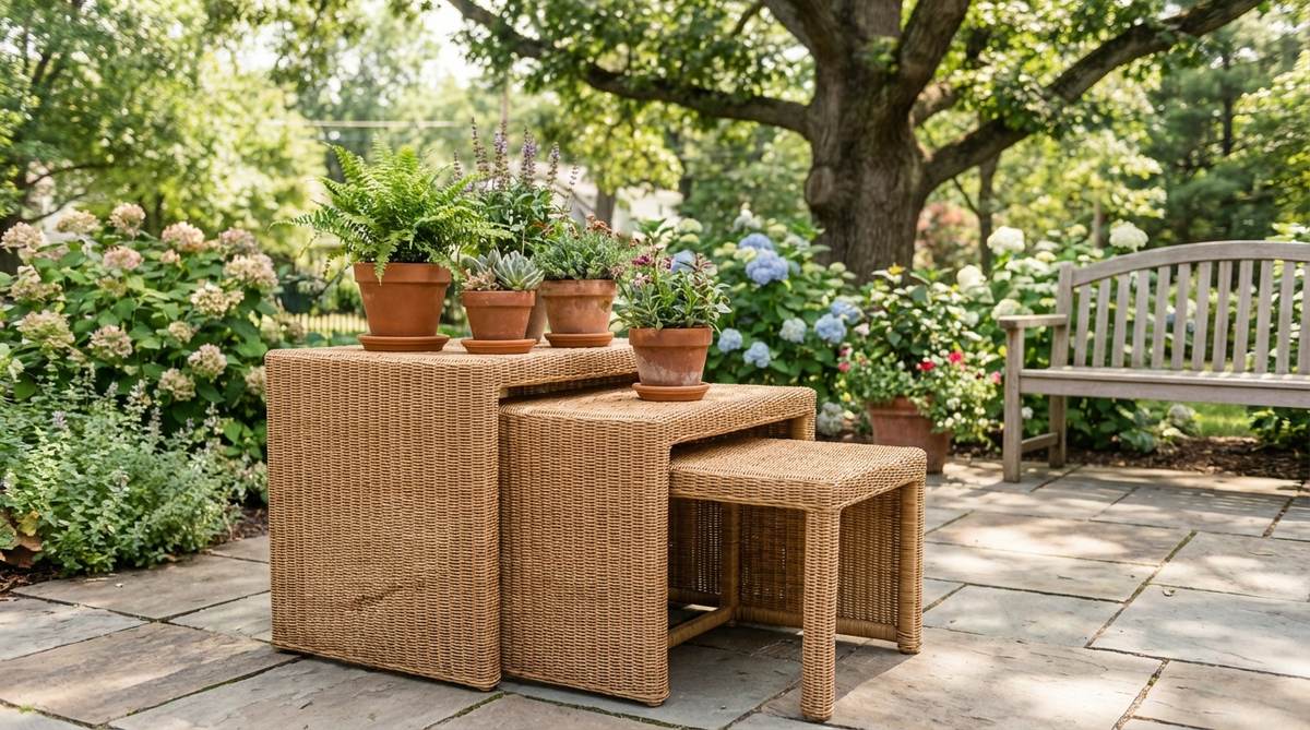 A set of nested rattan side tables in graduating sizes, showcasing natural woven construction for lightweight flexibility in boho garden settings. Perfect for providing versatile surface options and displaying potted plants at different heights.