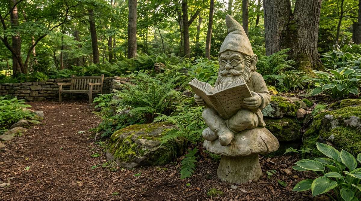 A scholarly gnome statue reading a book while perched on a mushroom base, perfect for adding literary whimsy to shaded garden areas, fern grottos, or woodland paths. This compact stone garden statue features detailed carvings of book pages and expressive facial features that reward close viewing.