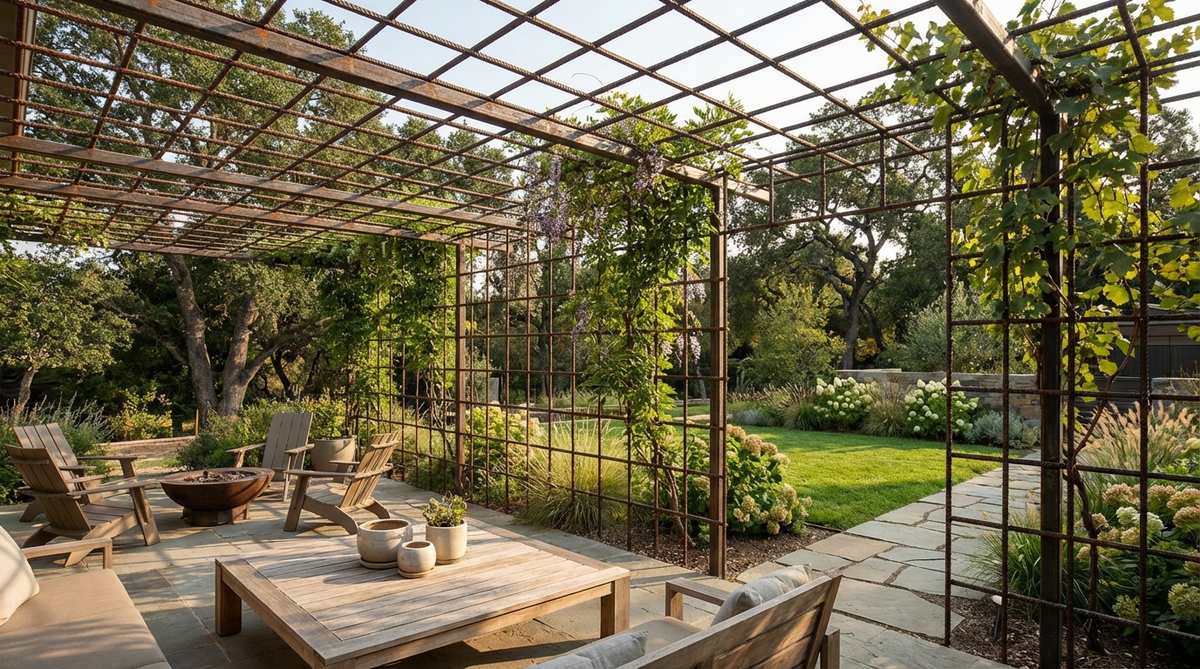 A modern garden pergola constructed from industrial rebar, featuring a lightweight welded grid with slender bars spaced 12-18 inches apart. The structure creates delicate shadow patterns while supporting climbing vines, finished with rust-inhibiting paint or natural oxidation for a rustic-modern aesthetic.