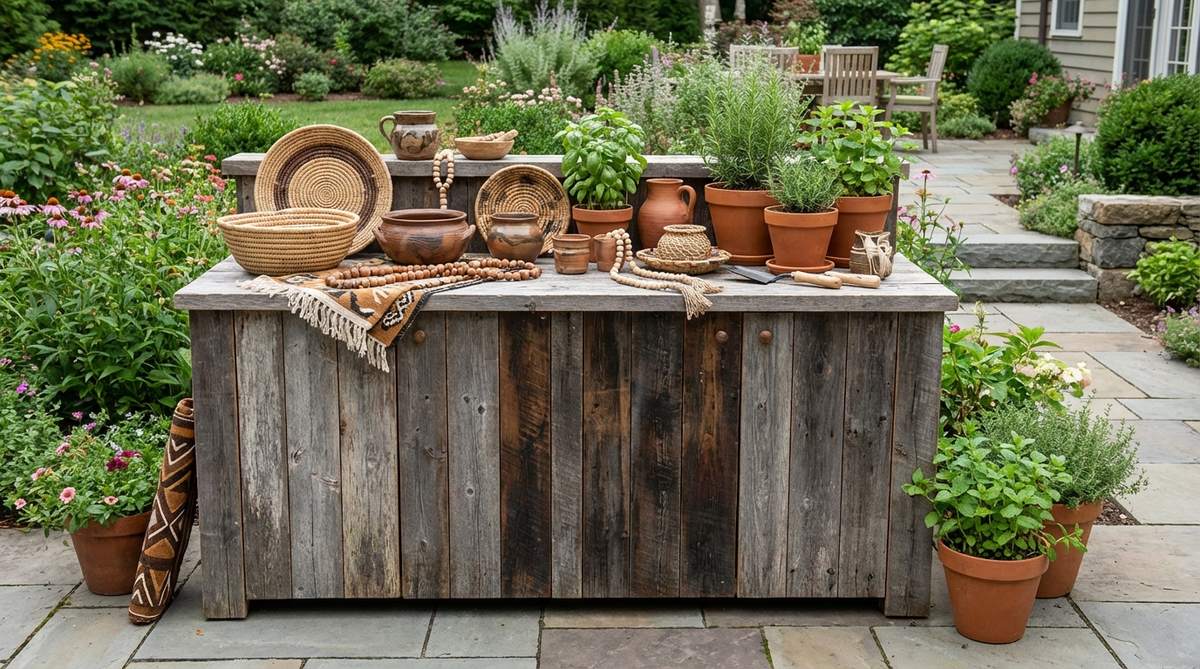 A custom-built outdoor counter surface made from weathered reclaimed wood planks, showcasing varied patinas from gray to deep brown for authentic texture and sustainability. Topped with handcrafted pottery, woven baskets, and potted herbs in terracotta, creating a functional workspace that displays afro boho accessories and practical garden elements.