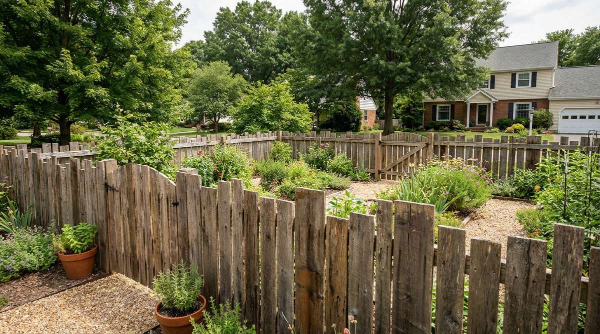 A rustic reclaimed wood fence with horizontal planks made from weathered barn wood and salvaged lumber, creating a characterful boundary for a small garden. The fence shows natural patinas, irregular widths, and organic textures typical of reclaimed materials, with visible aging that adds authentic rustic aesthetics to the garden setting.