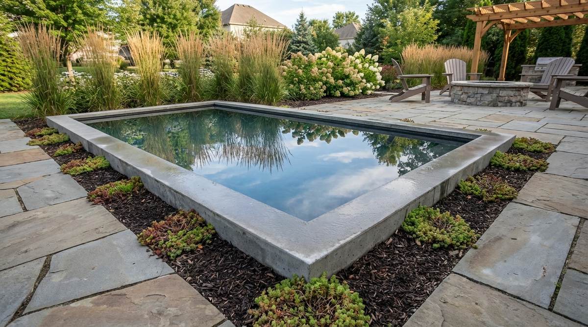 A minimalist rectangular reflecting pool measuring 6 feet by 3 feet with a shallow 6-inch depth, featuring a still water surface that mirrors the sky and surrounding garden elements. The clean concrete basin has a waterproof membrane seal and maintains water level within one inch of the rim, creating a meditative focal point that doubles the garden's visual content while reinforcing architectural geometry with minimal water volume.