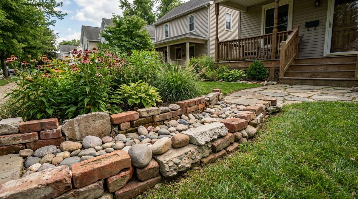 A rustic garden bed border made from salvaged bricks, broken concrete, or collected river rocks, arranged in single or double rows to define planting zones and prevent grass encroachment in a small front garden.