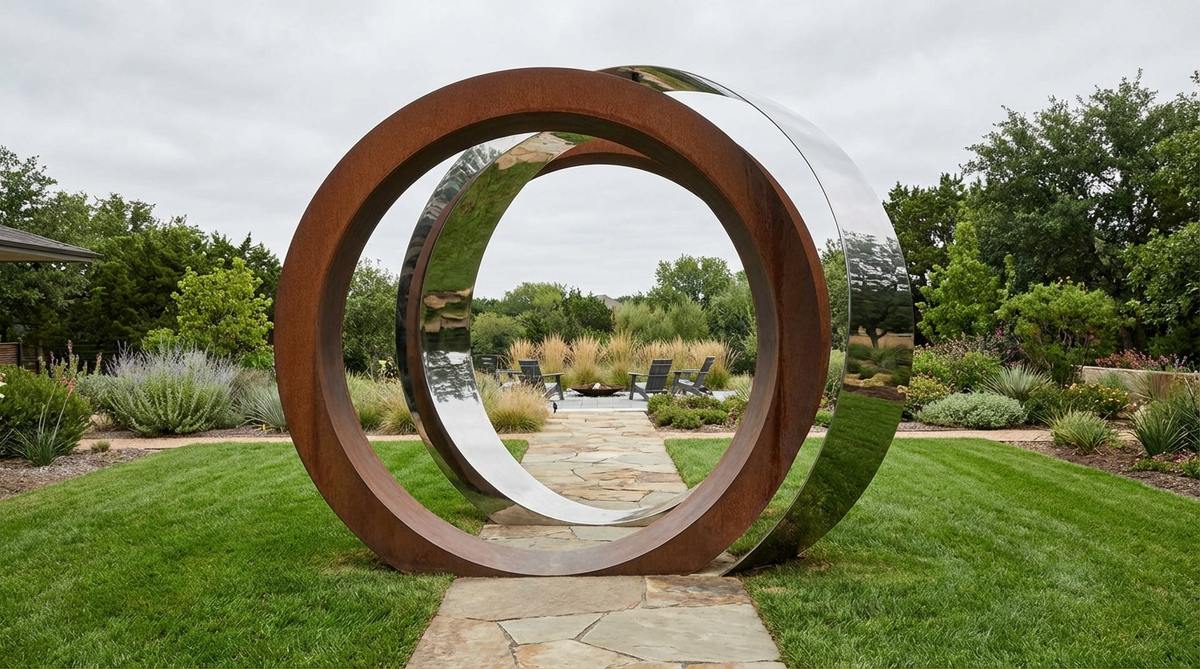 A modern garden sculpture featuring massive metal rings positioned vertically or at angles, creating a portal that frames views and marks transitions between garden spaces. The circles showcase perfect geometry, encouraging passage through their centers while functioning as both artistic focal points and wayfinding elements. Surface treatments range from raw Corten steel to mirror-polished stainless steel, with dimensions calculated for comfortable human scale.