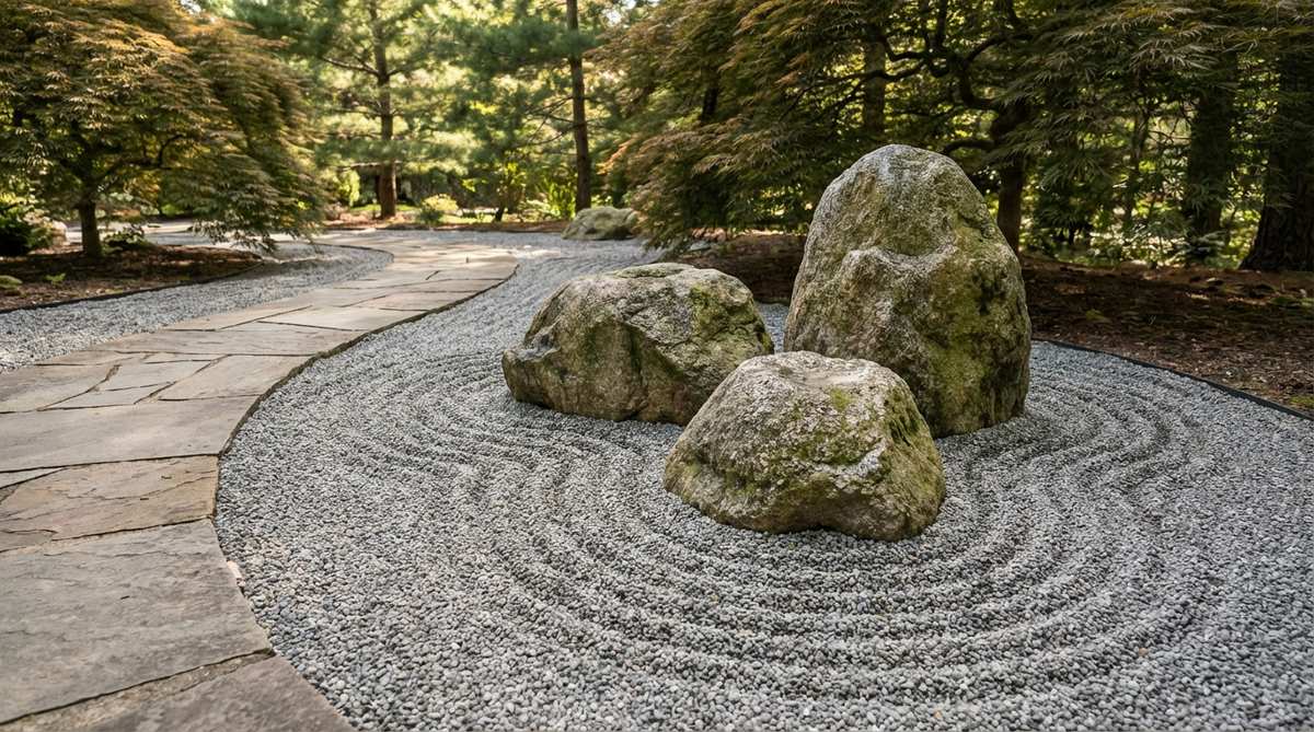 A close-up view of a zen garden arrangement featuring 3-5 tightly grouped boulders positioned at a pathway curve, representing rocks that create eddies in flowing water. The stones are arranged with varied orientations, surrounded by gravel raked in curved lines that flow around and between the boulder cluster, suggesting water deflection and turbulence. This smaller-scale arrangement adds movement and energy to pathway edges, demonstrating how water flows respond to obstacles in a traditional Japanese garden setting.