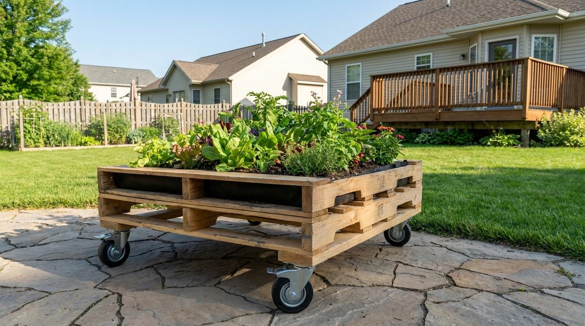 A mobile garden bed made from a wooden shipping pallet mounted on locking casters, ideal for optimizing sunlight and easy relocation, perfect for renters or temporary housing.