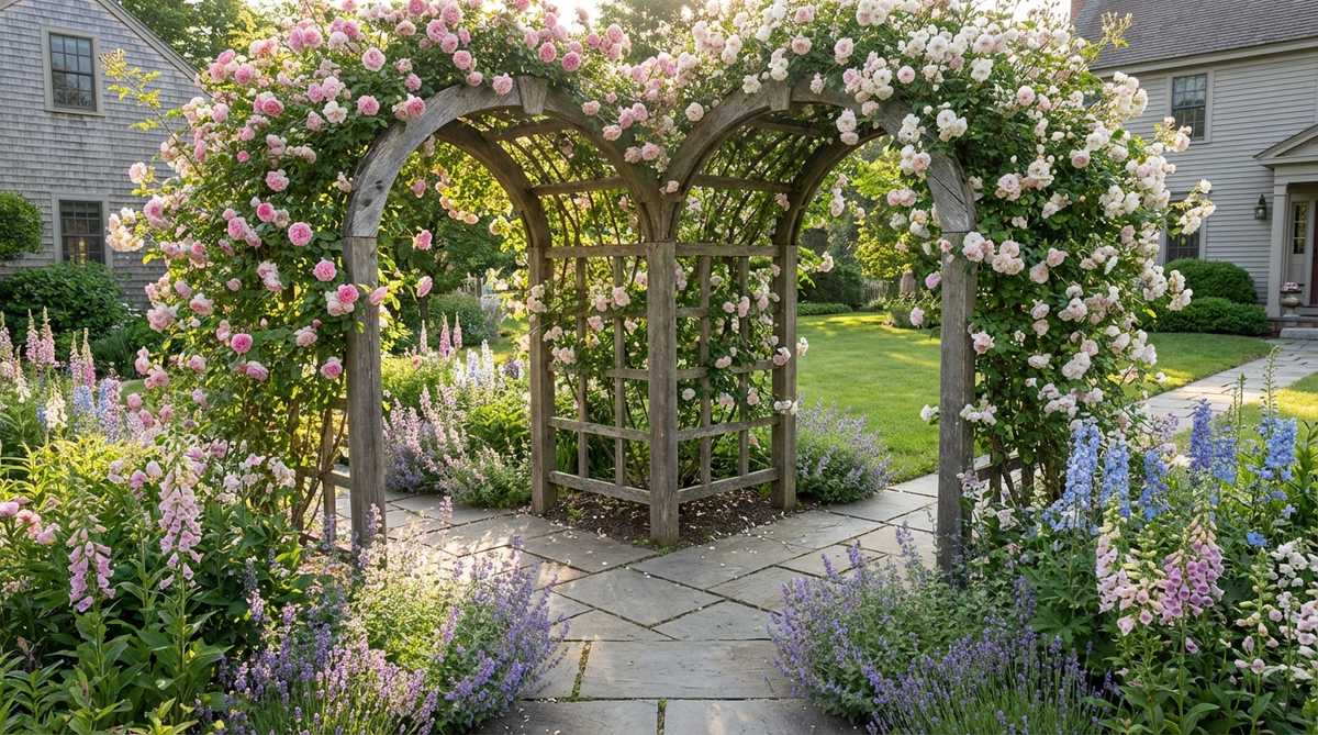 A metal or wooden garden arch covered in rambling roses creates a dramatic transition over a main pathway in a cottage garden design. The arch is positioned at a path intersection or entrance, with climbing roses trained over it to produce curtains of blooms in early summer. The open framework allows visibility through the structure in winter while supporting heavy flowering growth during the growing season, ensuring pathways remain unobstructed when mature.