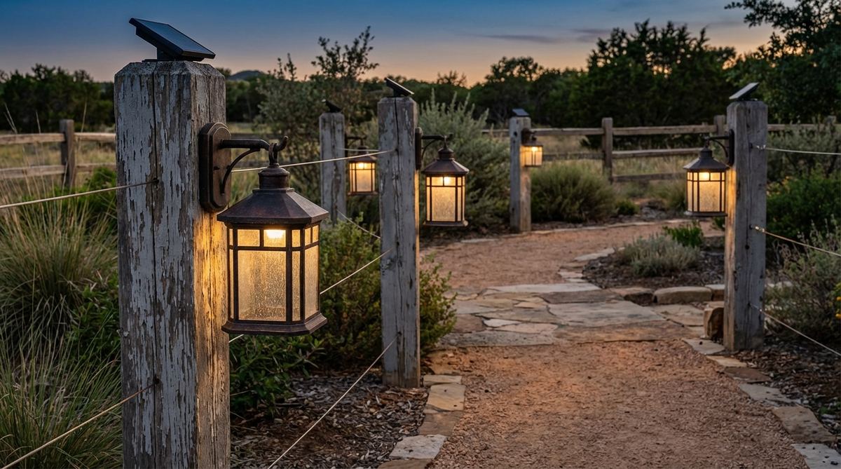 Weathered wood posts with vintage-style lanterns providing warm ambient light for pathways, ideal for rustic outdoor decor. Features solar-powered or low-voltage lighting options, glass panels, and metal frames to enhance western atmospheric character in gardens.