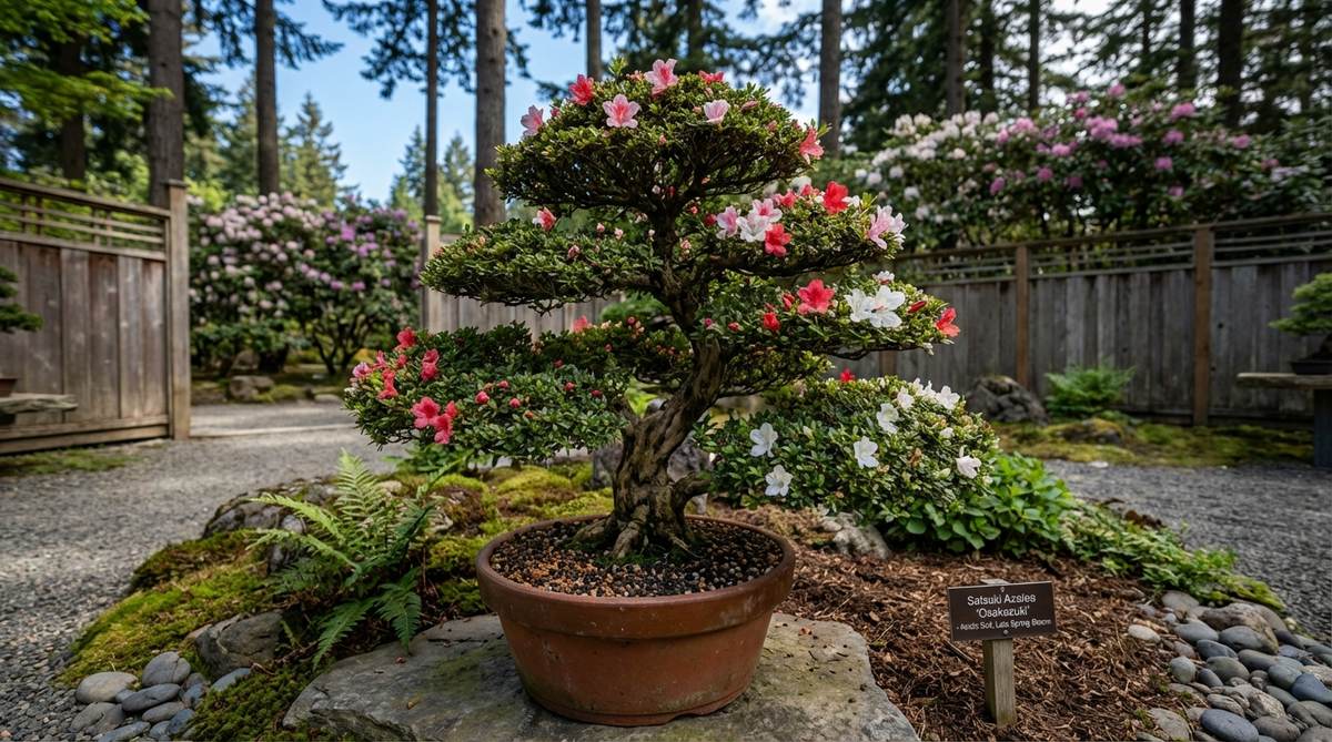 A Satsuki Azalea bonsai (Rhododendron indicum) in a Japanese garden setting, showcasing its late spring flowering with multiple blooms opening in succession. The plant displays dense foliage pads maintained through summer pruning, with acidic soil requirements evident in its specialized care. Ideal for extending the bloom season in bonsai collections.