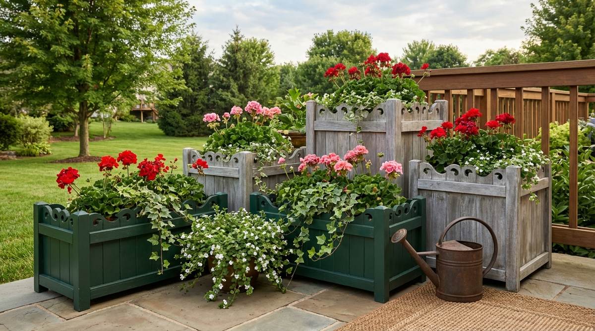 Decorative scalloped-edge planters with Victorian-era elegance, featuring curved cutouts along the top rim that soften rectangular geometry while maintaining structural strength. Ideal for balcony gardens, painted in period-appropriate colors or left as natural wood to develop a silver-gray patina, planted with traditional combinations like geraniums and trailing ivy.