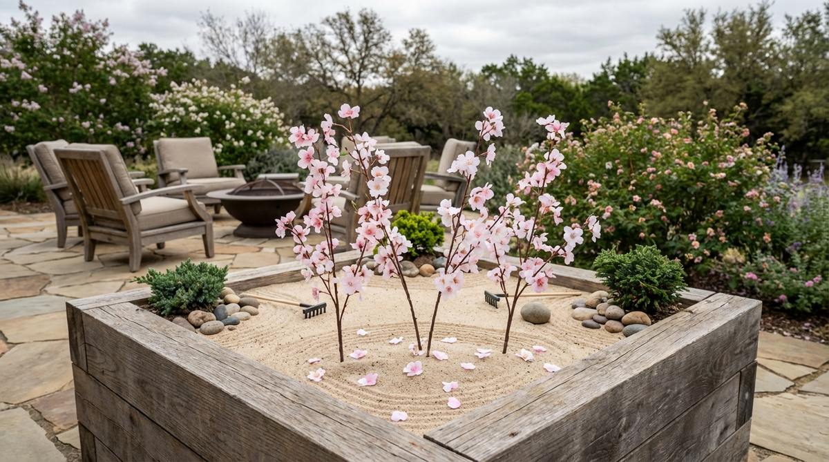 A miniature zen garden featuring delicate artificial cherry blossom branches with pink and white petals, positioned to appear naturally growing from a corner and scattered on neutral sand, evoking springtime beauty and gentle wind.