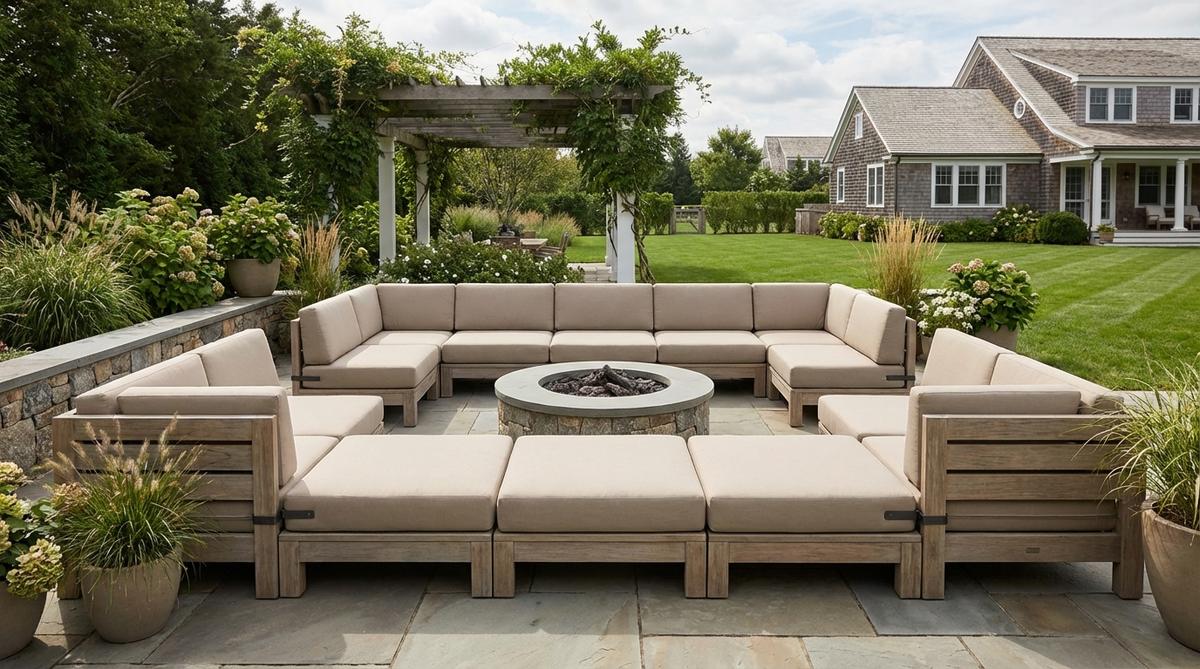 A modular sectional daybed system for relaxed garden furniture, showing flexible configurations with corner pieces, center sections, and ottomans that connect to create L-shapes, U-shapes, or straight platforms. Features weather-resistant connectors and adaptable layouts for different activities and group sizes.