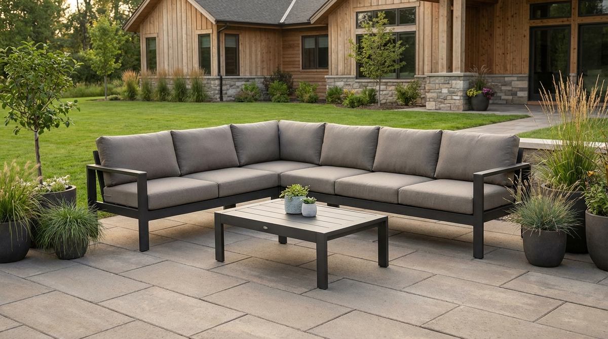 A reconfigurable outdoor sofa set in powder-coated aluminum frames with weather-resistant cushions, arranged in an L-shape on a modern patio. Features neutral grey upholstery and quick-dry foam cushions for durability in variable weather.