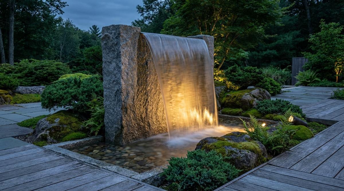 A minimalist Japanese garden water feature with a single large flat stone positioned vertically, creating a smooth unbroken curtain of water that falls in a perfect sheet. The design emphasizes water's reflective qualities while producing gentle white noise, with uplighting positioned behind the water sheet for dramatic evening effects.