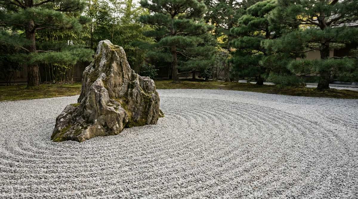 A minimalist Japanese stone garden featuring a single dramatic mountain-like rock positioned off-center according to golden ratio proportions, surrounded by perfectly raked gravel in concentric circles. The solitary stone has commanding presence with interesting texture and form, designed for extended meditation and contemplation in traditional Zen garden style.