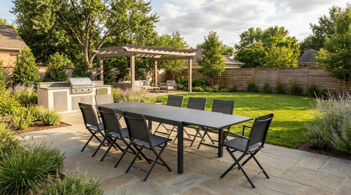 A contemporary garden table with a slim design that extends to accommodate large gatherings, featuring hidden leaves and paired with stackable or folding chairs for versatile outdoor hosting.