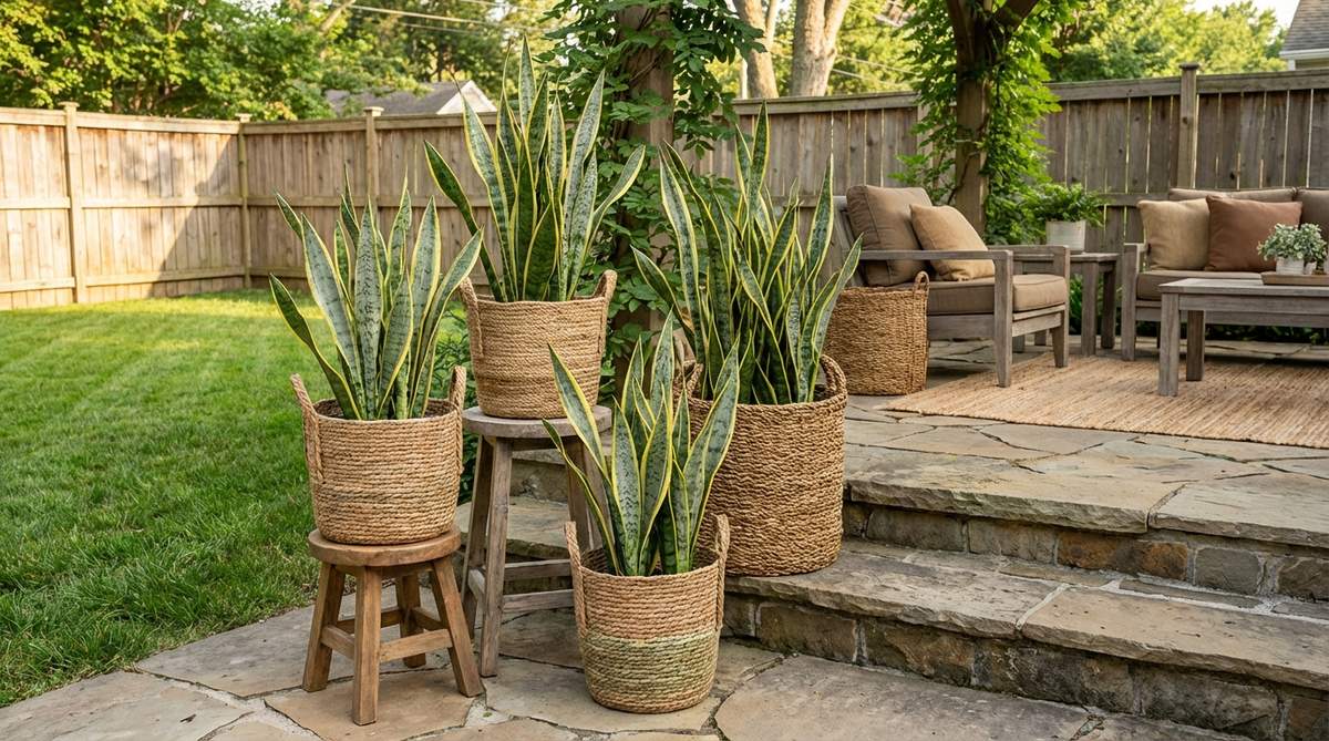 A layered botanical display featuring three to five snake plants arranged at varying heights in woven baskets. The vertical leaf patterns with gray-green leaves and yellow margins create architectural lines that complement earthy boho decor while purifying indoor air.