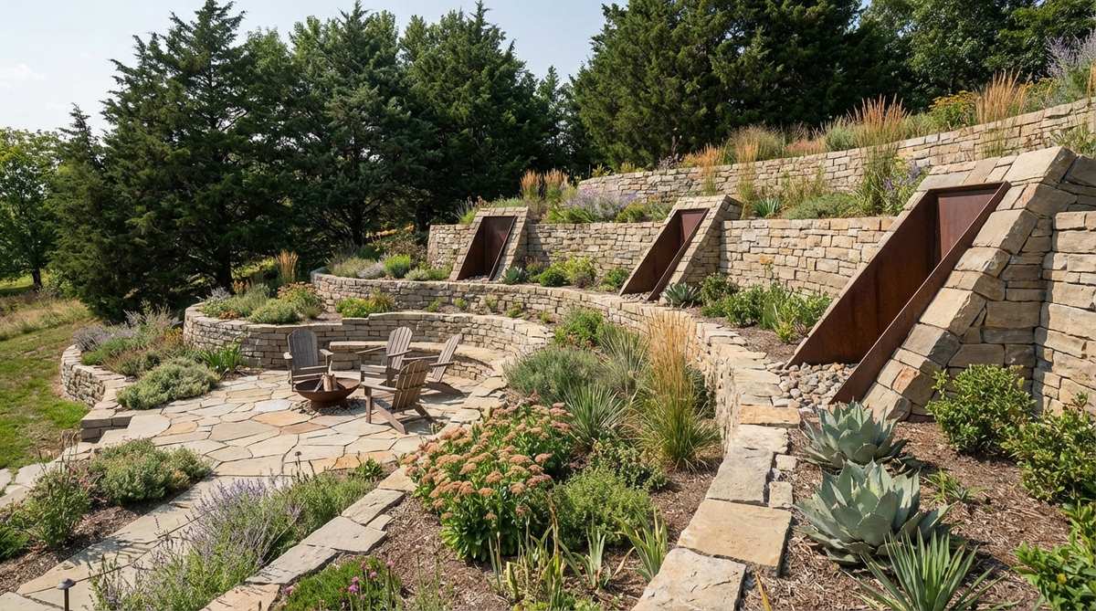 An illustration of south-facing terraced slopes designed for optimal solar gain, featuring angled walls that maximize energy capture for passive heating or photovoltaic arrays, with clear southern exposure and northern wind protection in a garden setting.