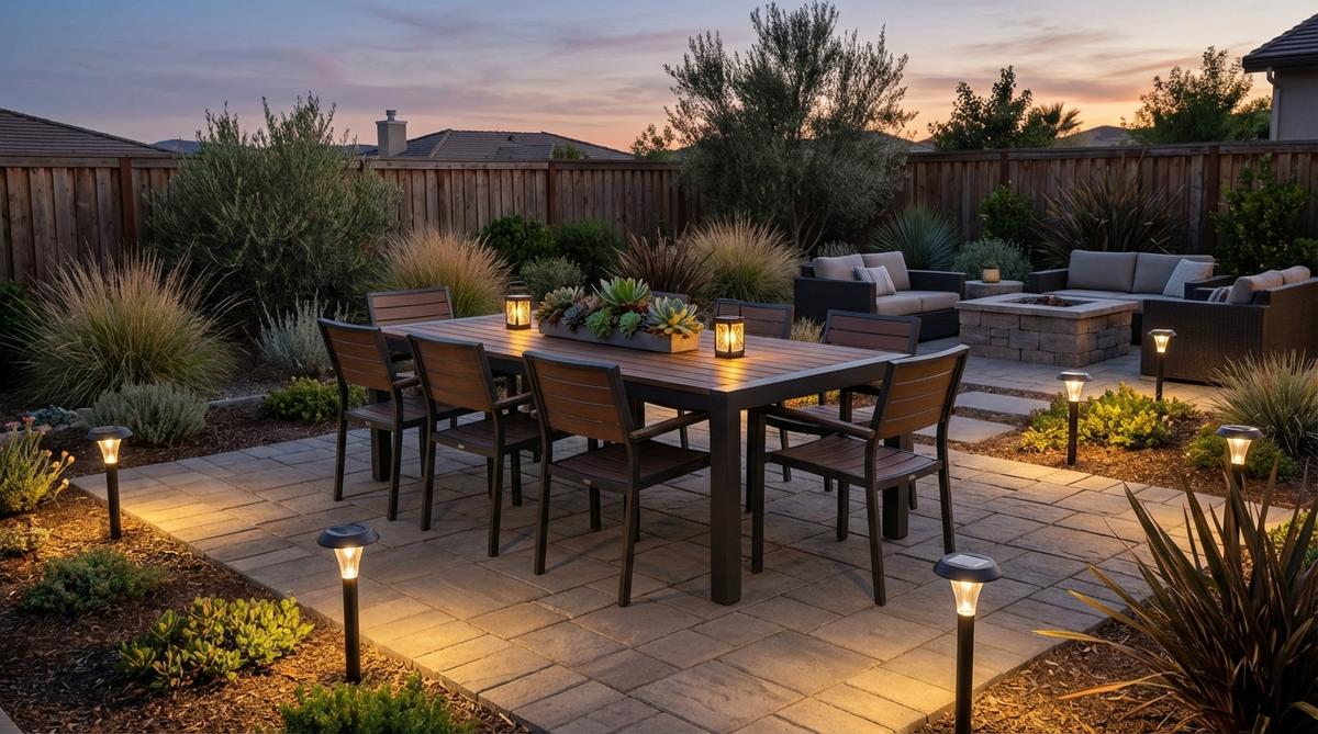 A modern solar-powered accent light fixture with a brushed metal finish, positioned in a Japanese rock garden to provide sustainable illumination. The efficient LED and solar panel technology ensures nighttime operation without electrical infrastructure, blending contemporary design with environmental consciousness.