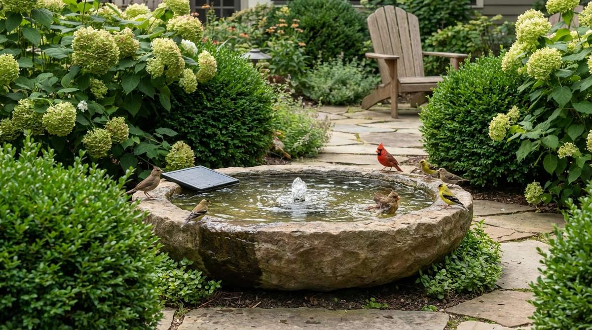 A shallow solar-powered bird fountain with gentle bubblers attracting songbirds in a small garden setting, positioned near protective shrubs with water depth under two inches for safe bird access.