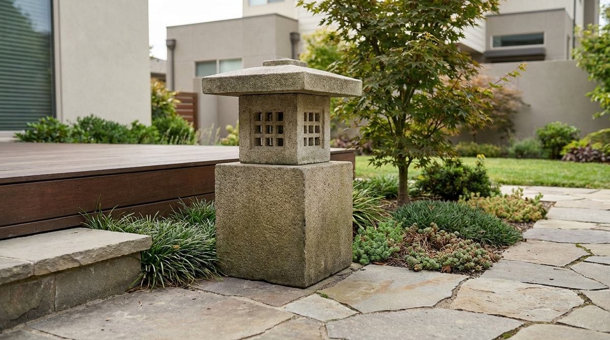 A minimalist square-base pedestal-free Japanese garden lantern resting directly on gravel or paving. This cubic lantern features a solid square base measuring 20-40cm across, with a fire chamber and roof sitting directly atop it. The clean geometric design complements contemporary gardens and modern architecture, ideal for placement along deck edges or beside entry steps.