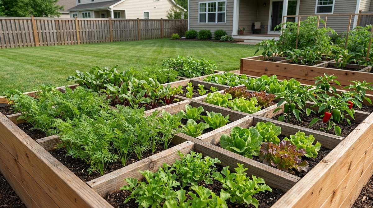 A 4x4 foot raised bed with a grid system dividing it into sixteen 1-foot squares, showing intensive planting of vegetables like carrots, beets, lettuce, and peppers in a small backyard garden.