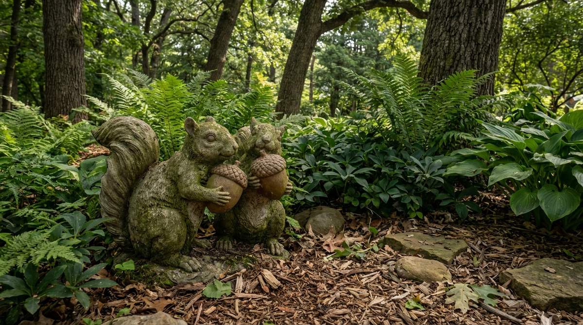 A playful garden statue featuring squirrels clutching oversized acorns, designed for shade gardens. This 12-16 inch polystone figure is weather-resistant and adds a whimsical touch to outdoor spaces.