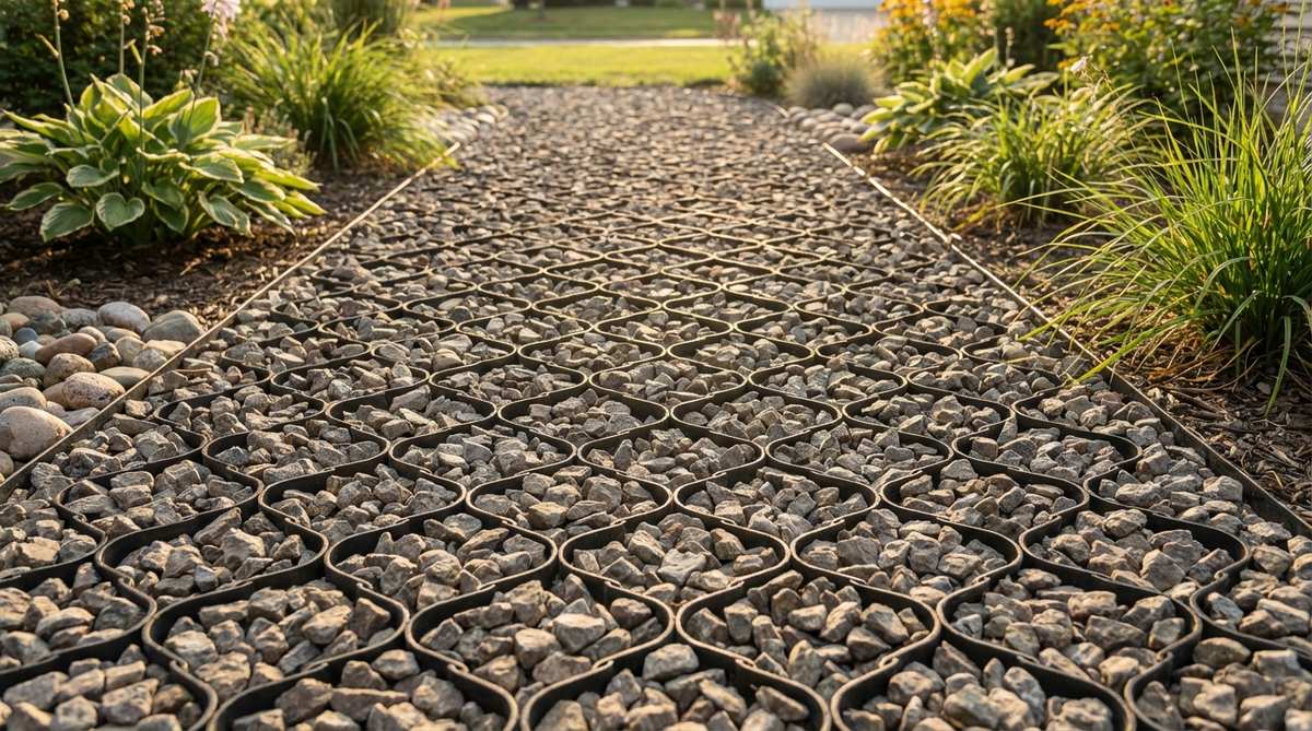 A close-up view of a stabilized gravel surface using honeycomb grid systems, showing angular gravel securely contained within cellular structures to create a firm, accessible pathway that meets ADA standards while maintaining permeability.