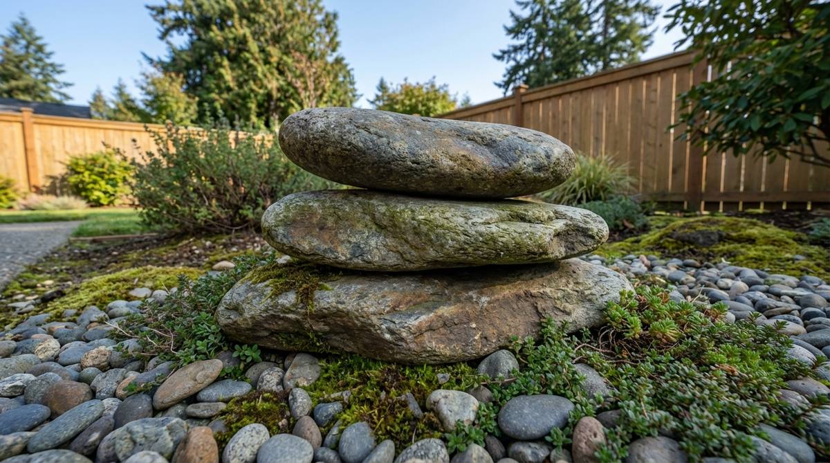 A carefully arranged composition of two or three flat stones stacked in a Japanese garden, creating a layered and visually interesting grouping. The stones feature complementary textures and colors, appearing both stable and precarious, with hidden mortar or metal pins ensuring long-term stability while defying typical rules against obvious human intervention.