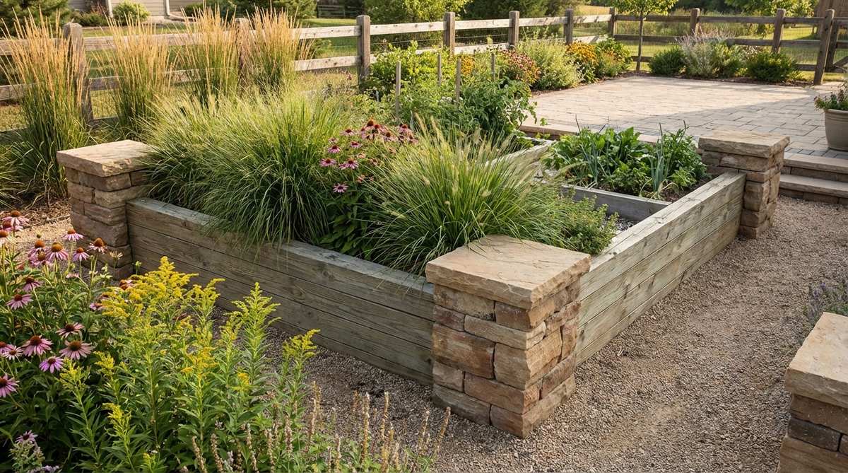 Decorative stacked stone pillars at the corners of a raised garden bed, with economical edging materials connecting them. The stone corners anchor the design while simple materials like treated timber or concrete block fill the straight sections.