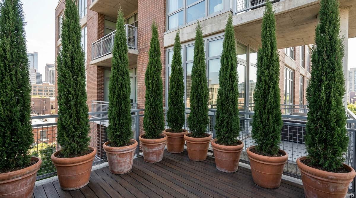 A visual guide showing how to arrange narrow columnar evergreens like Italian cypress or sky pencil holly in a staggered, zigzag pattern on an urban balcony. The image illustrates container planting with 16-inch diameter pots spaced 30 inches apart, demonstrating how this design provides effective privacy screening while maximizing limited floor space. The composition highlights the formal, architectural appearance of columnar evergreens against modern urban backgrounds.