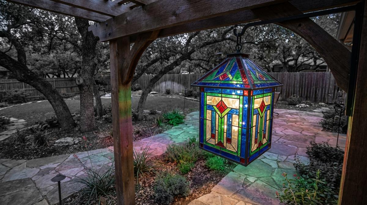 A stained glass hanging lantern with multi-colored art glass panels in Arts and Crafts patterns, featuring a jewel-tone palette that transforms white LED light into chromatic ambient washes, adding color dimension to monochrome evening landscapes. Constructed with zinc came techniques for authentic period detail and retrofitted with LEDs to eliminate heat damage and provide a 50,000-hour service life.