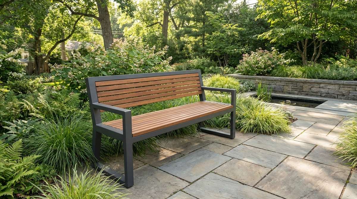A contemporary Japanese garden bench featuring a powder-coated steel frame with wood slats spaced for drainage. The design combines structural durability with natural warmth using sustainable materials like ipe wood or recycled plastic lumber.