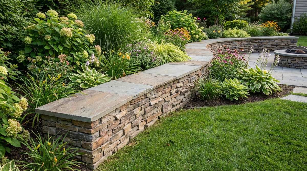 A low retaining wall with stone veneer and a flat cap, serving as both structural support and casual seating in a compact garden setting.
