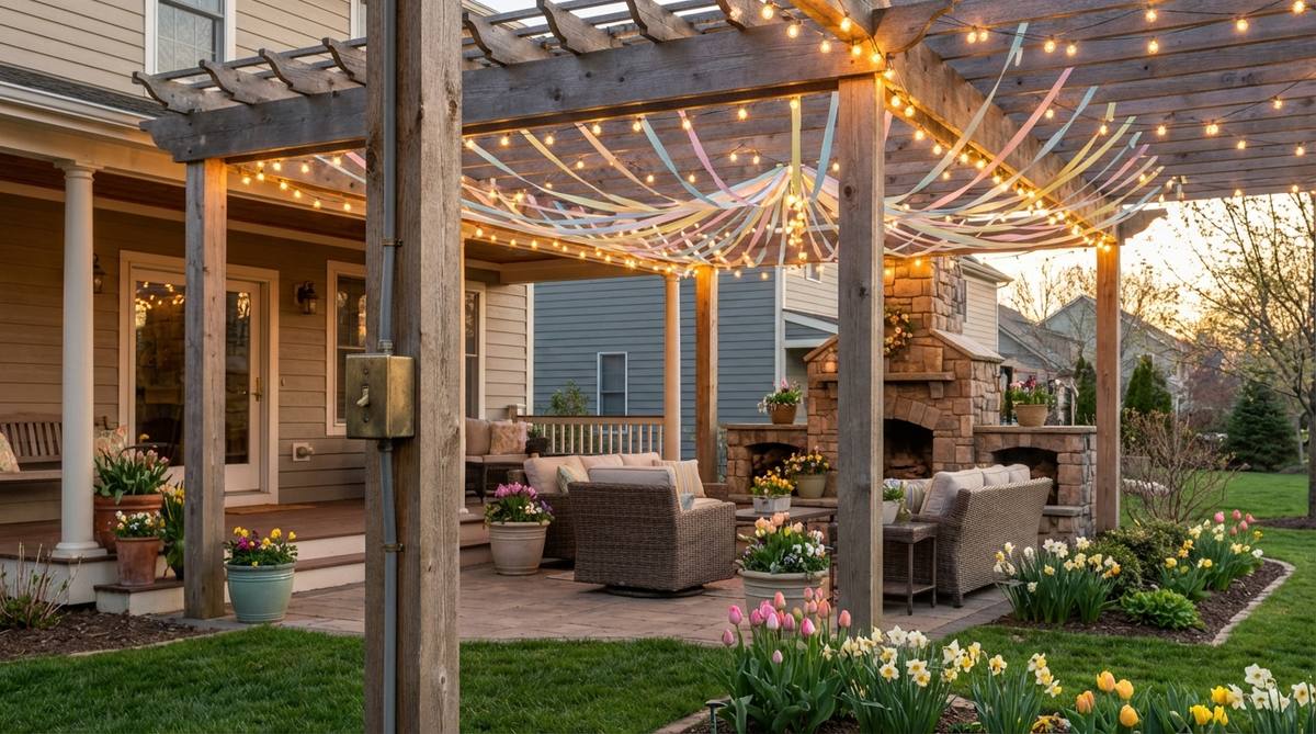 An overhead string light canopy suspended in a grid pattern above an outdoor dining area, creating an intimate ceiling effect with warm LED bulbs for soft ambiance and functional illumination at a garden party.