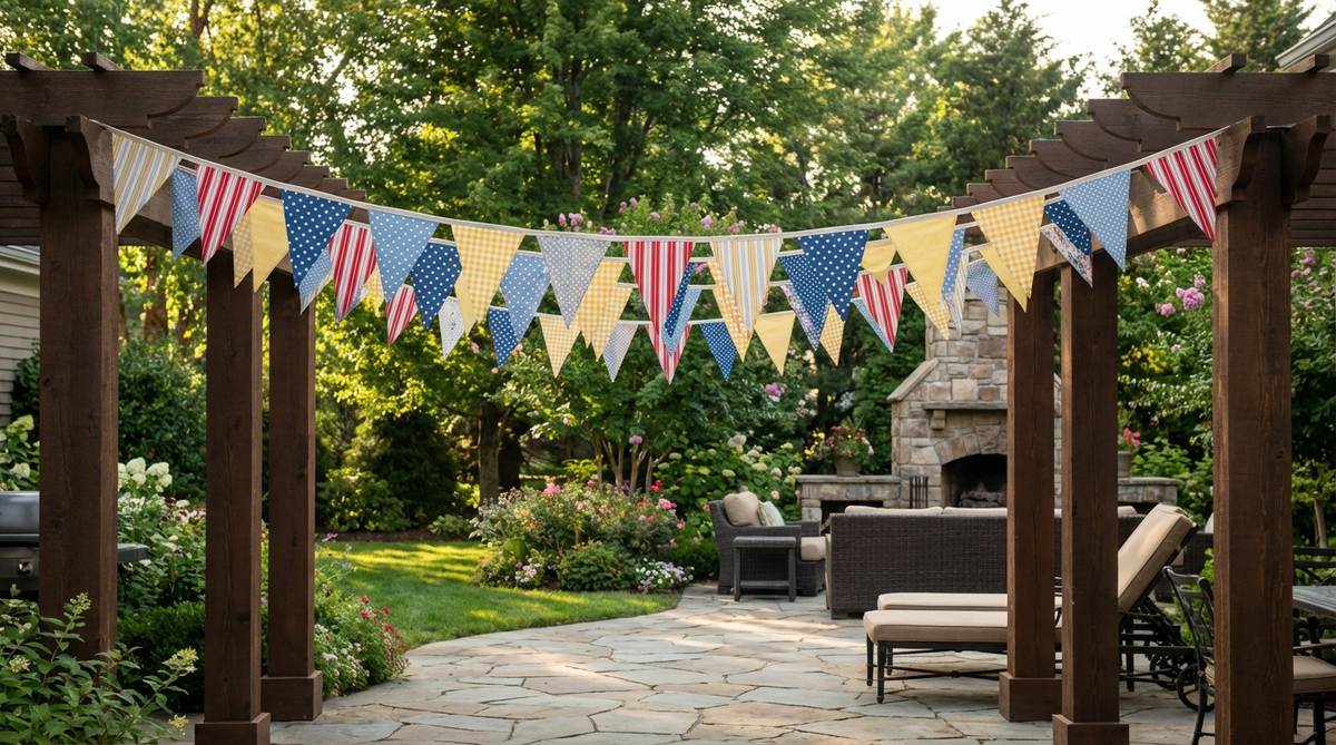 A festive string of fabric triangle pennant banners, strung between posts for outdoor decorations, featuring weather-resistant materials in mixed patterns and colors that coordinate with party themes, hung above 7 feet to avoid head contact, creating a celebratory and photo-worthy backdrop.