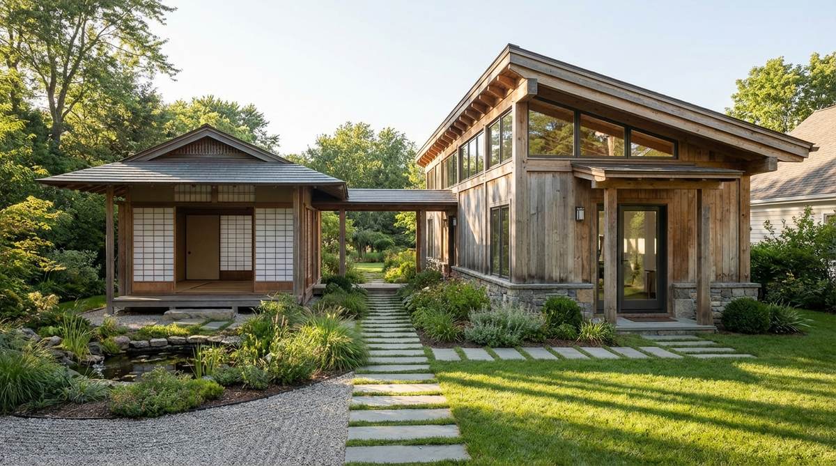 A dual-purpose Japanese garden structure featuring a tea house for ceremonies and an adjacent artist studio for painting, pottery, or calligraphy, with north-facing windows, high ceilings, and separate entrances to unite creative practices under one roof.