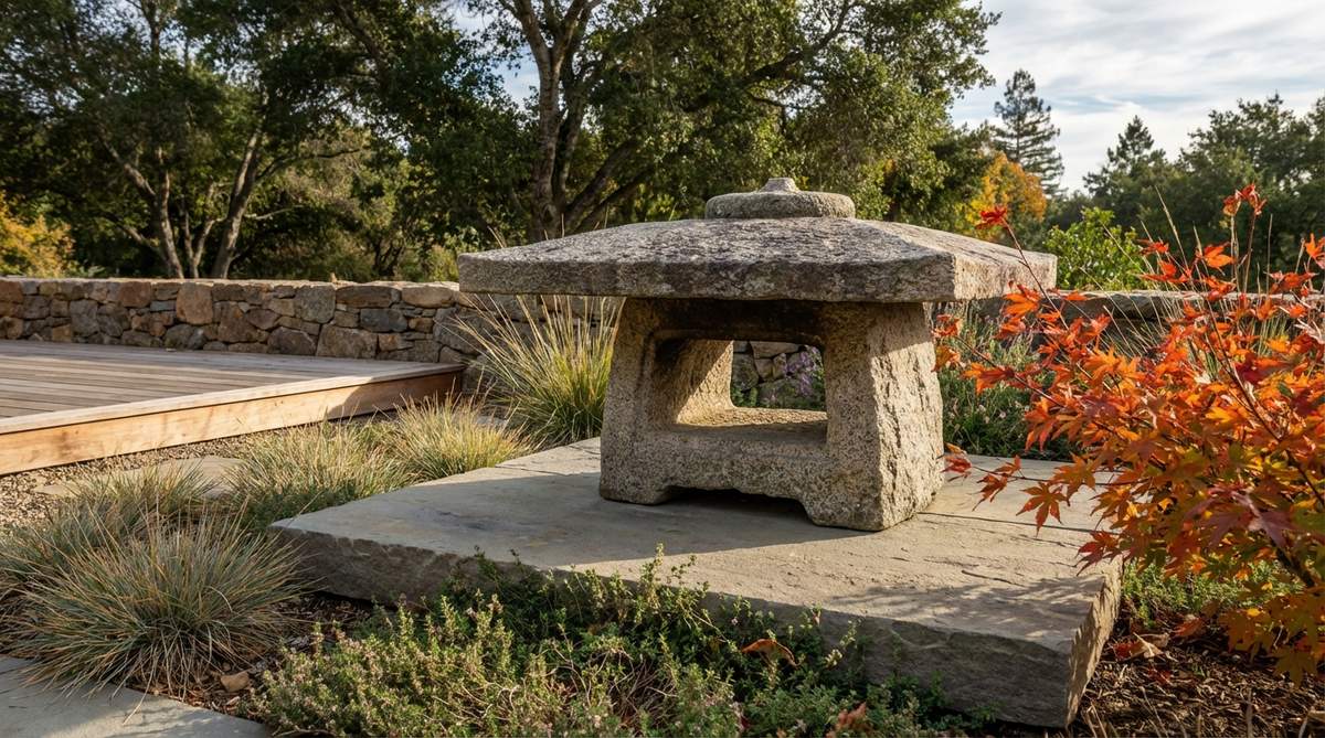 A portable stone garden lantern named after an Osaka tea house, featuring a nearly flat roof and wide, low fire box. Its horizontal design creates stable, grounding energy, ideal for exposed positions or minimalist garden rooms. Position on broad, flat surfaces like stone platforms, wide steps, or deck corners to complement horizontal elements. The lantern can be moved seasonally to highlight different plantings, such as early spring bulbs or autumn foliage.