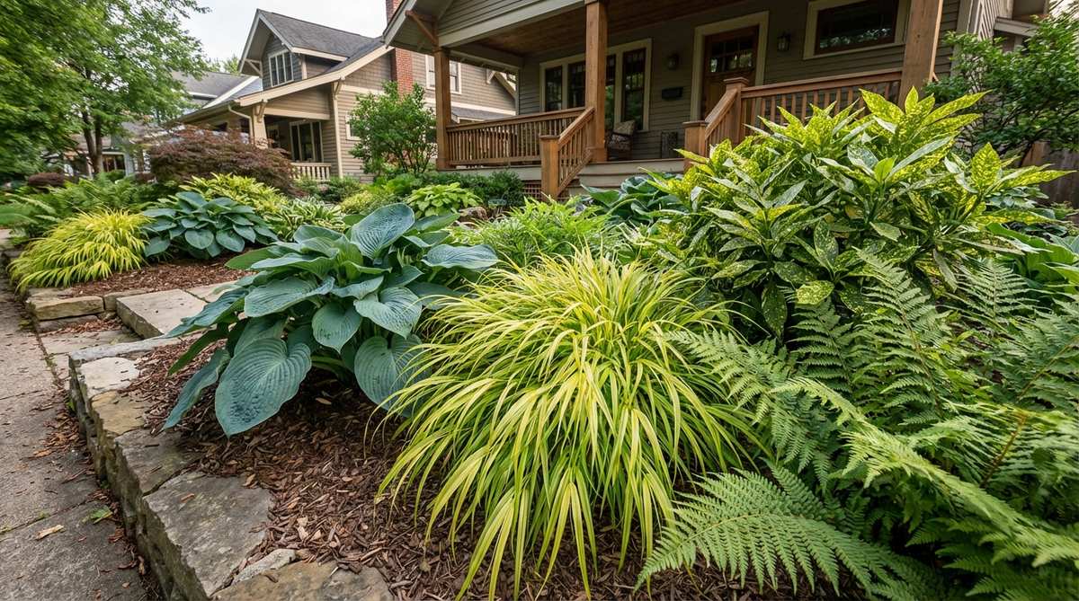 A close-up image showcasing textural foliage combinations in a front yard garden, featuring bold hostas, fine Japanese forest grass, glossy aucuba, and feathery ferns, illustrating how texture and form create visually engaging and sophisticated plantings that remain attractive beyond bloom periods.