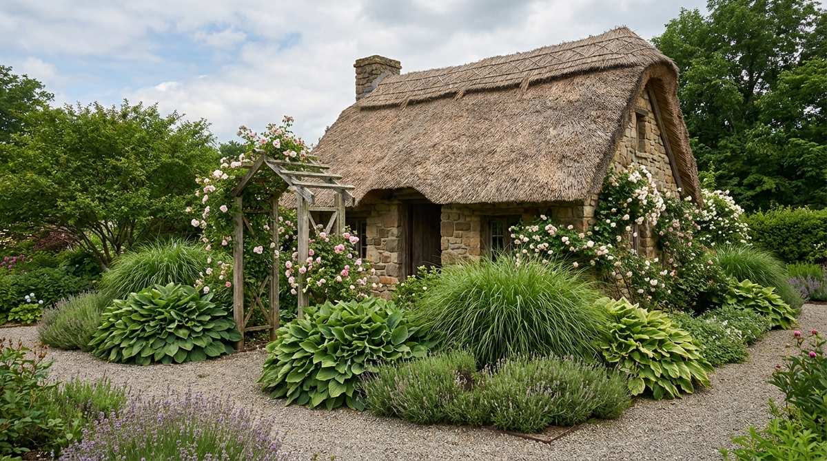 A rustic miniature cottage with a detailed thatched roof, nestled among mounding plants and miniature climbing roses, evoking English countryside charm in a small garden setting.