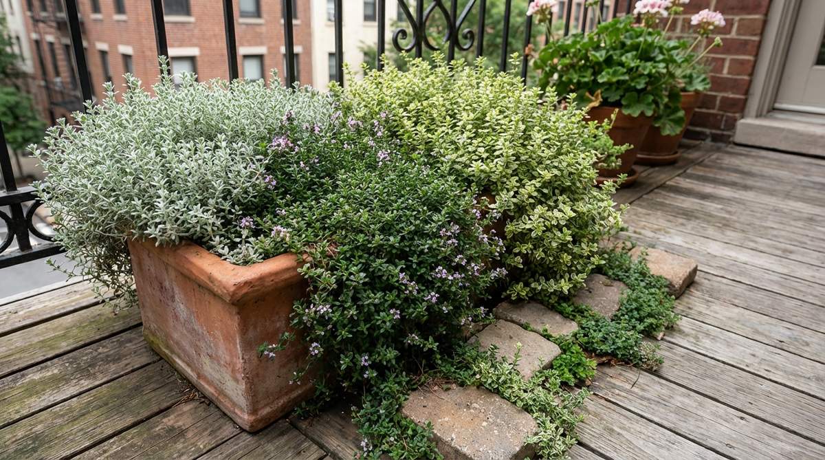A close-up image of low-growing thyme plants with tiny fragrant leaves, carpeting the edges of a container on an urban balcony. The thyme varieties, such as lemon, woolly, and creeping, are shown together for textural interest, highlighting their distinct flavors and appearances. The scene demonstrates thyme's resilience to foot traffic, wind, and partial shade in a balcony gardening setting.