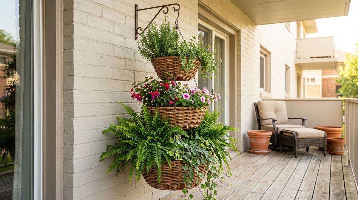 A vertical arrangement of multi-level hanging baskets suspended from a single point, featuring three or more tiers with plants like rosemary in upper baskets and ferns in lower ones to maximize space and create a cascading visual effect for balcony wall decor.