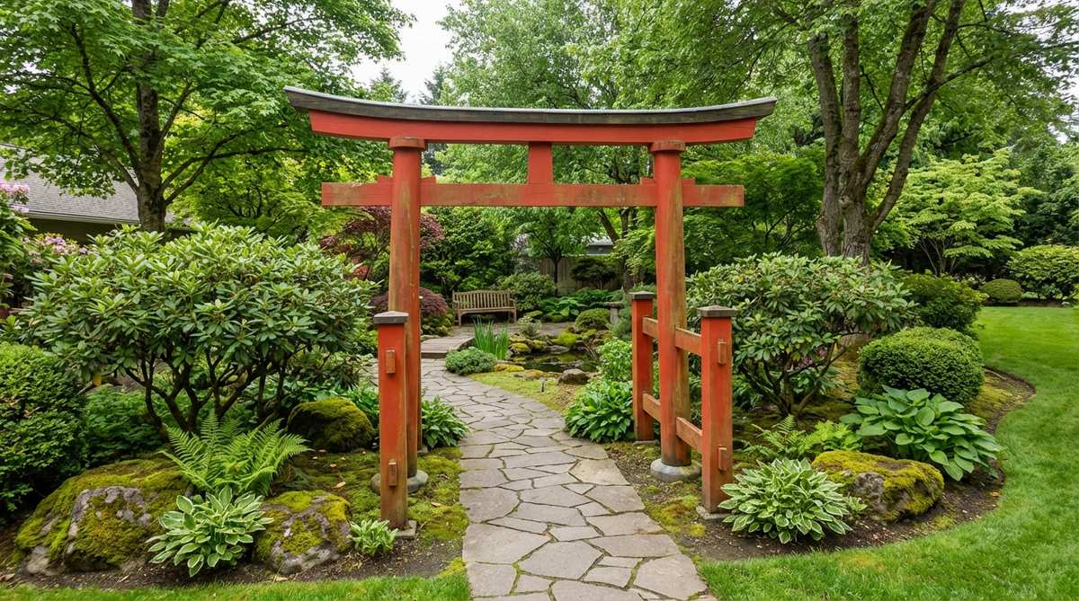A traditional Japanese torii gate with two upright posts and dual crossbeams, painted in vermillion red, marking the entrance to a serene garden sanctuary. This Shinto-inspired structure is adapted for residential outdoor decor, symbolizing passage into a peaceful space.