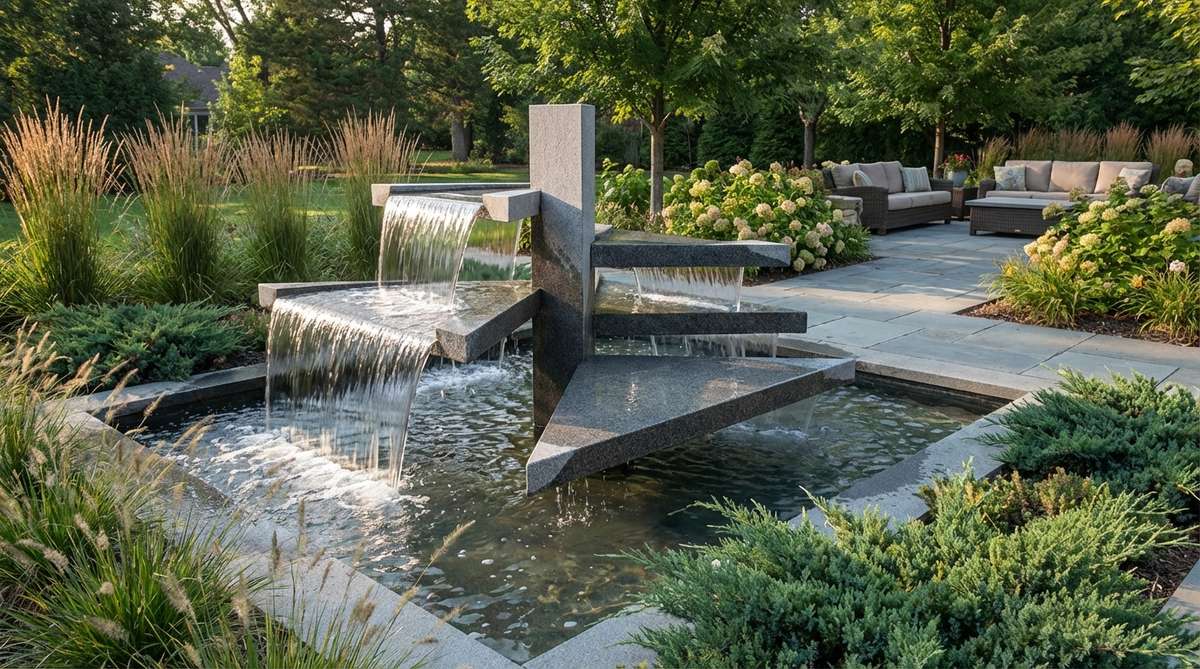 A modern garden fountain featuring triangular platforms extending from a vertical support at varying angles and heights, with water cascading along the triangular edges. The angular geometry creates dynamic visual movement through repeated diagonal lines, and the triangle orientation can alternate to enhance complexity.