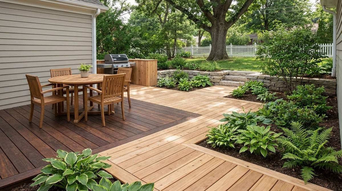 A small garden patio featuring two-tone decking zones with darker decking for the dining area and lighter decking for circulation paths, demonstrating how color contrast defines functional spaces without physical dividers.