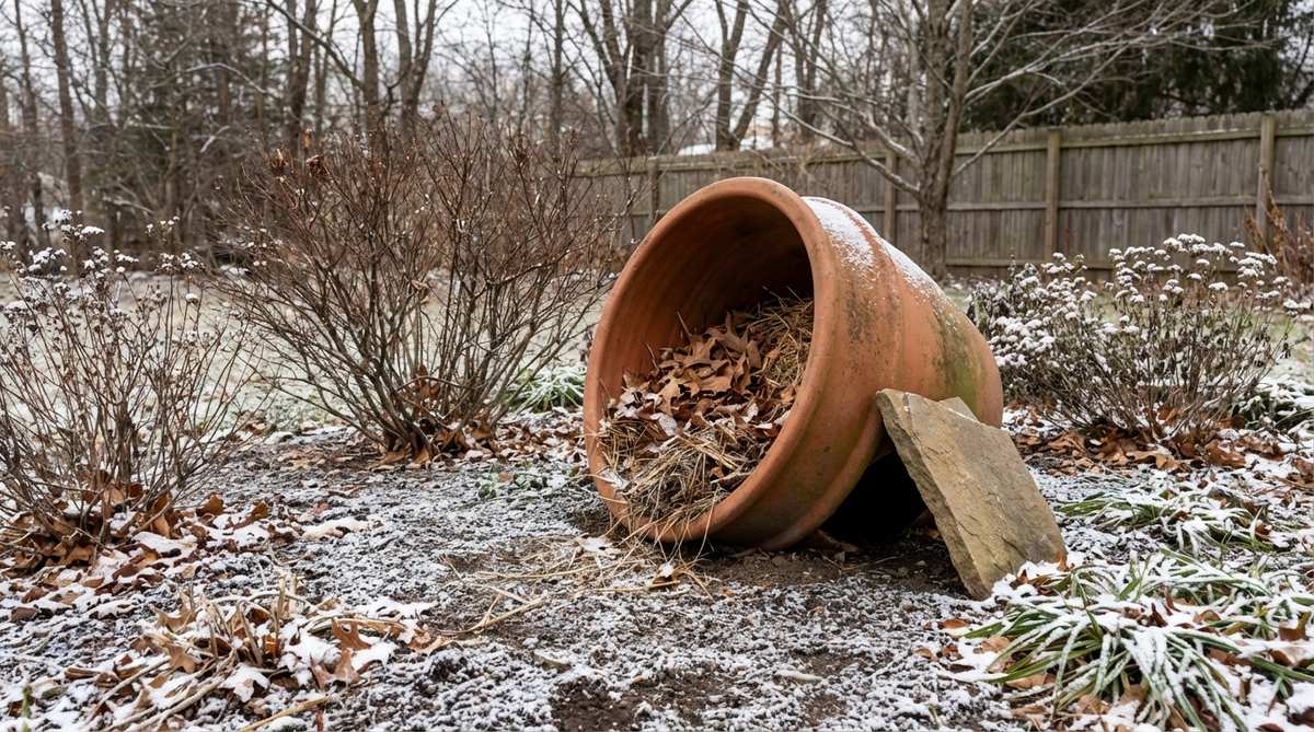 An upturned terracotta pot placed upside-down in a winter garden, with a propped opening to create a shelter for toads, beneficial beetles, and small rodents, filled with dry straw or leaves to provide insulation and thermal mass.