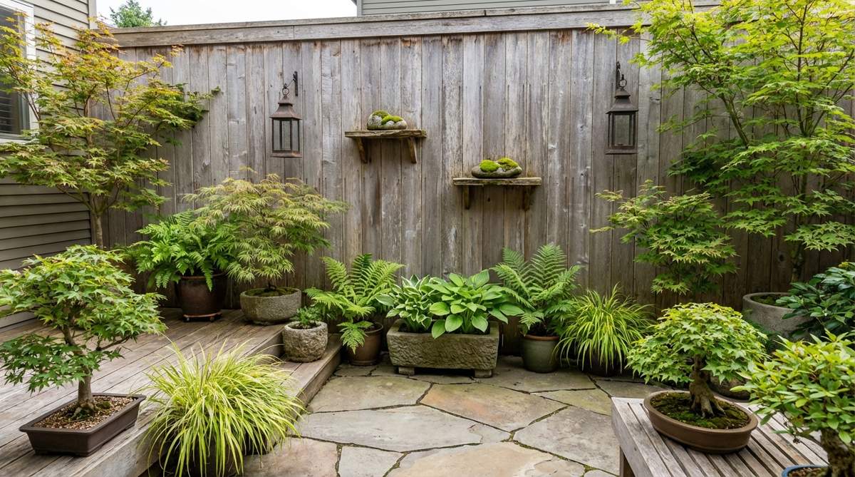 Weathered cedar boards mounted vertically as a neutral backdrop for plant displays in a Japanese balcony garden. The natural wood grain and silvered patina complement stone and foliage without competing visually. This architectural element defines garden edges and provides mounting surfaces for hanging lanterns or small shelves.