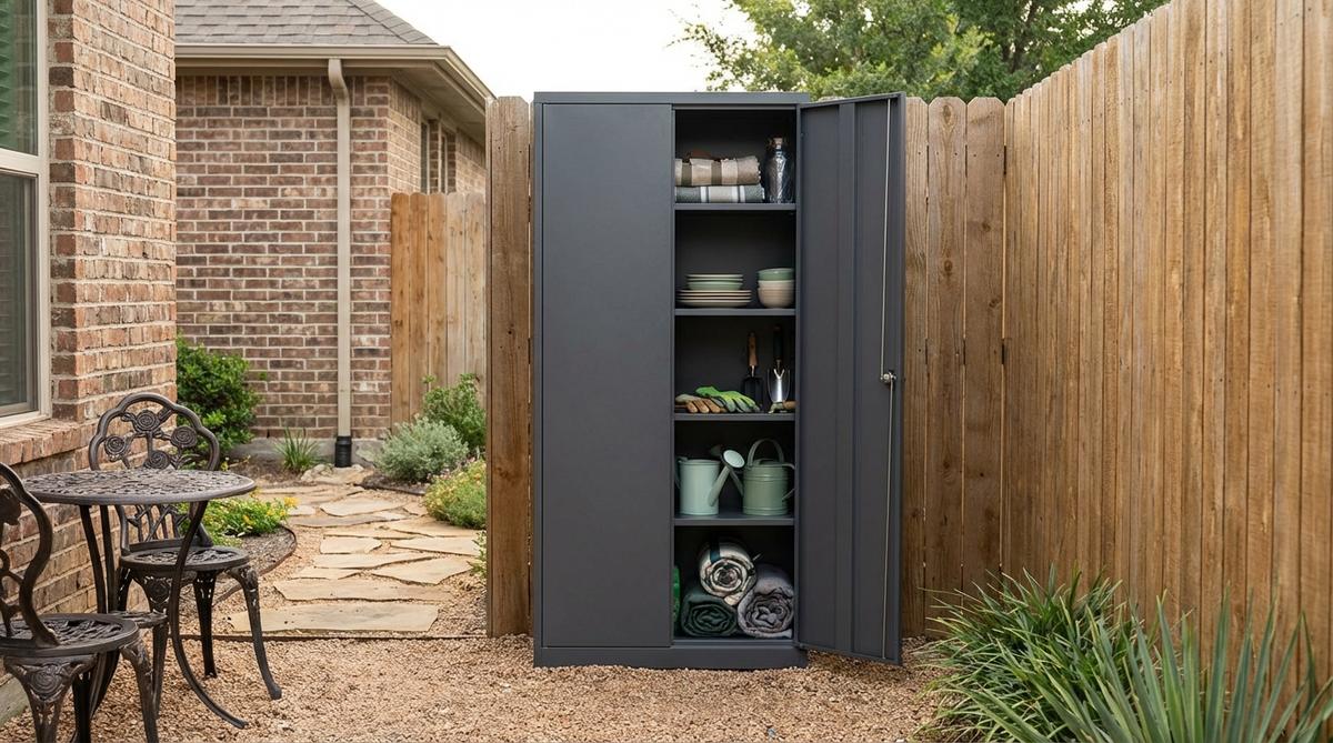 A tall narrow vertical storage cabinet designed for minimalist gardens, featuring weather-resistant powder-coated steel or marine-grade polymer construction. This space-saving cabinet efficiently utilizes vertical space with a slim footprint, providing enclosed shelving for gardening supplies and outdoor dining accessories while protecting contents from weather and dust. Ideal for compact gardens, narrow balconies, or placement beside house walls.