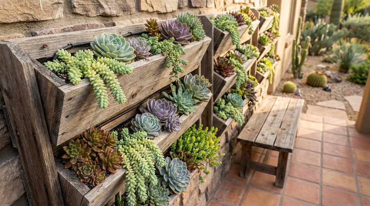 A vertical garden installation featuring drought-tolerant succulents like Echeveria, sedum, and sempervivum varieties arranged in pocket planters or specialized frames. The living wall demonstrates Mediterranean garden design principles with well-draining cactus soil and water-efficient irrigation suitable for small balconies or narrow side yards.