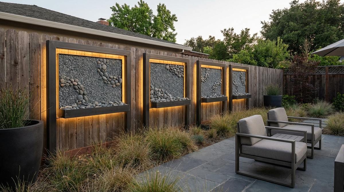 A modern vertical rock garden installation featuring wall-mounted frames with shallow gravel beds and stones arranged in a Zen-inspired design, illuminated by integrated LED backlighting to create an artistic and architectural feature.
